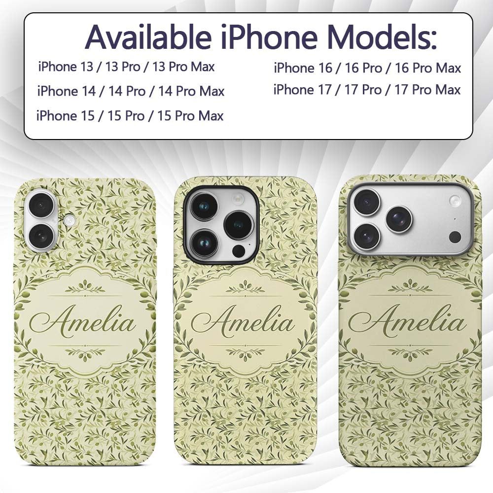 Soft Olive Leaves Watercolor Seamless Pattern Custom Name Protective Phone Case Mobile Cover Durable Everyday Smartphone Shock Resistant