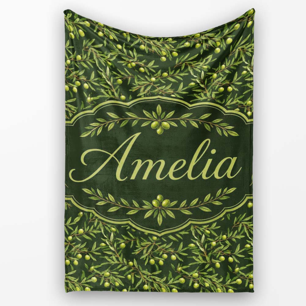 Dark Green Olive Branches Seamless Pattern Rustic Botanical Name Personalised Custom Name Super Soft Fleece Blanket Bed Sofa Throw