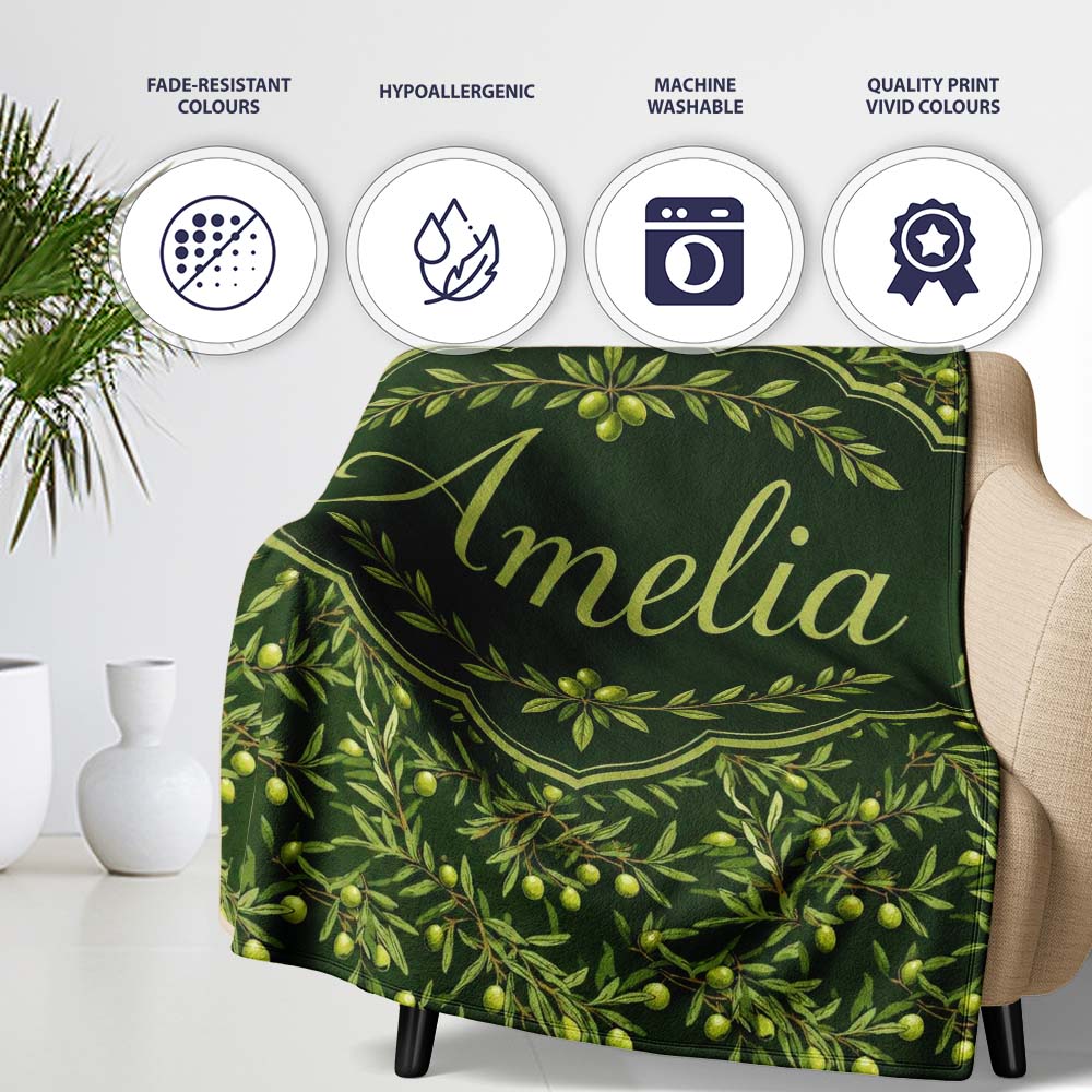 Dark Green Olive Branches Seamless Pattern Rustic Botanical Name Personalised Custom Name Super Soft Fleece Blanket Bed Sofa Throw