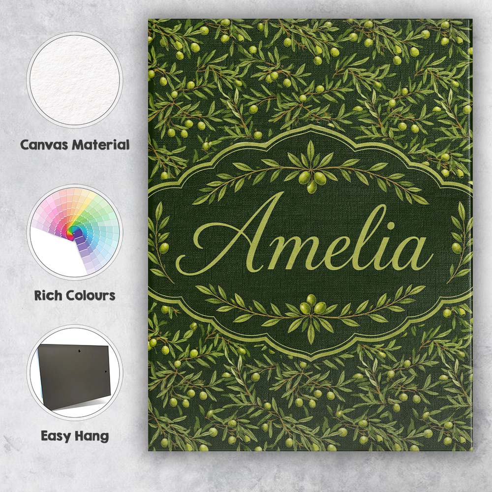 Personalised Name Dark Green Olive Branches Custom Bespoke Interior Contemporary Canvas Wall Art Print Decor Picture Ready to Hang