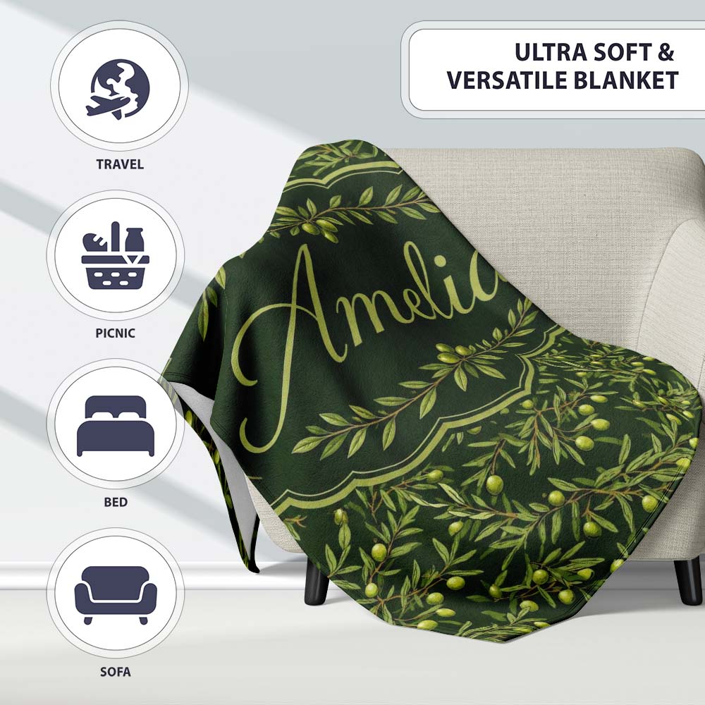 Dark Green Olive Branches Seamless Pattern Rustic Botanical Name Personalised Custom Name Super Soft Fleece Blanket Bed Sofa Throw