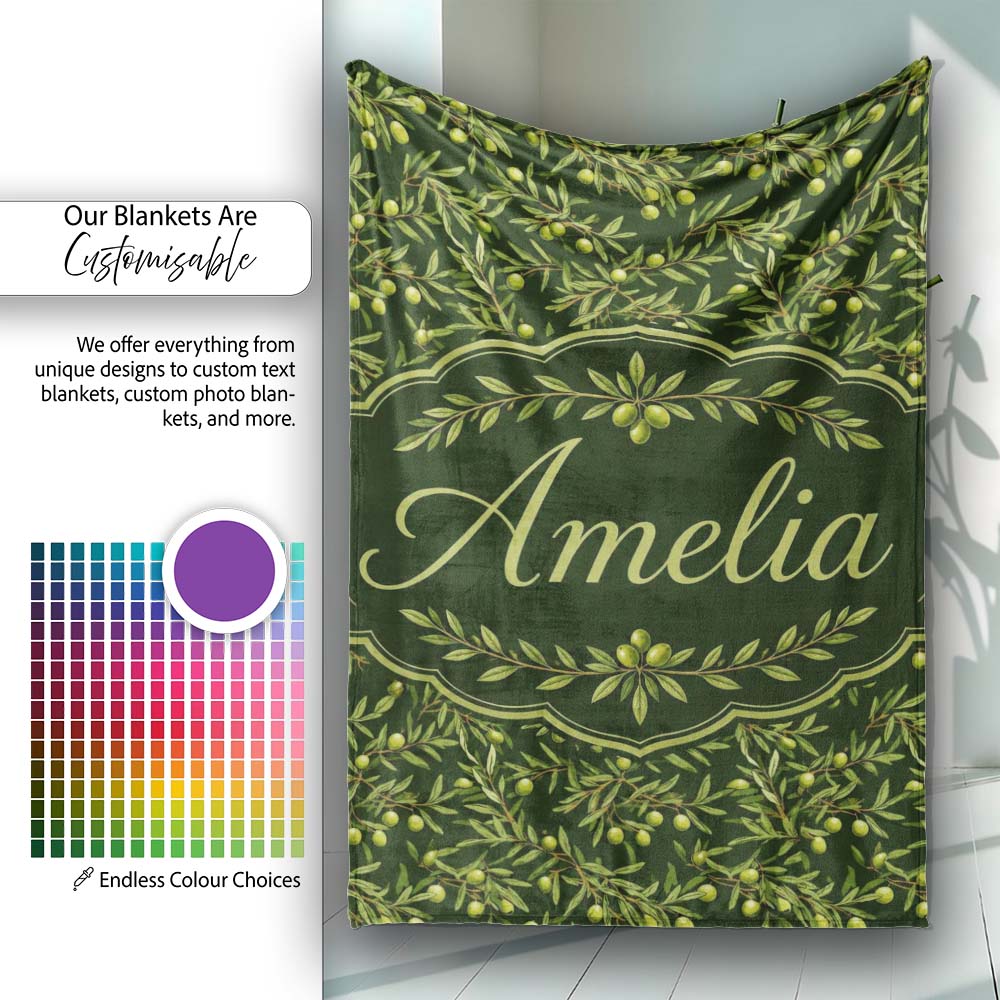 Dark Green Olive Branches Seamless Pattern Rustic Botanical Name Personalised Custom Name Super Soft Fleece Blanket Bed Sofa Throw