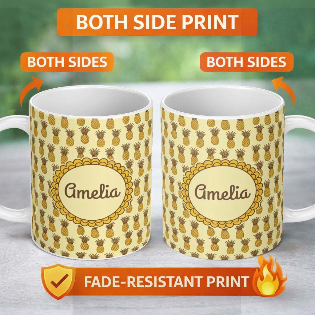 Personalized Custom Name Cute Pineapple Doodle Seamless Pattern Yellow Tropical Fruit Name 11oz Ceramic Coffee Tea Mug White Large Handle