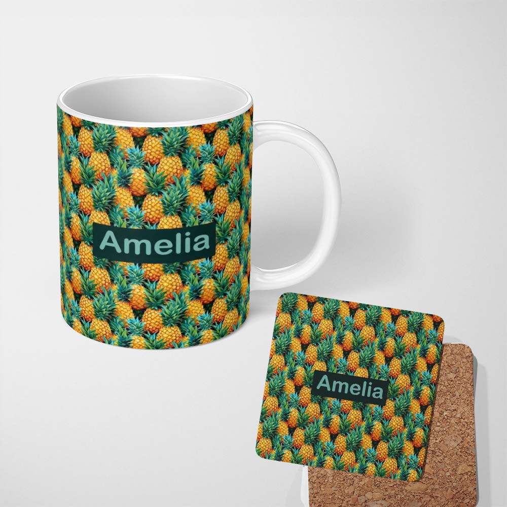 Personalized Custom Name Vibrant Pineapple Tropical Seamless Pattern Lush Exotic Fruit 11oz Ceramic Coffee Tea Mug White Large Handle