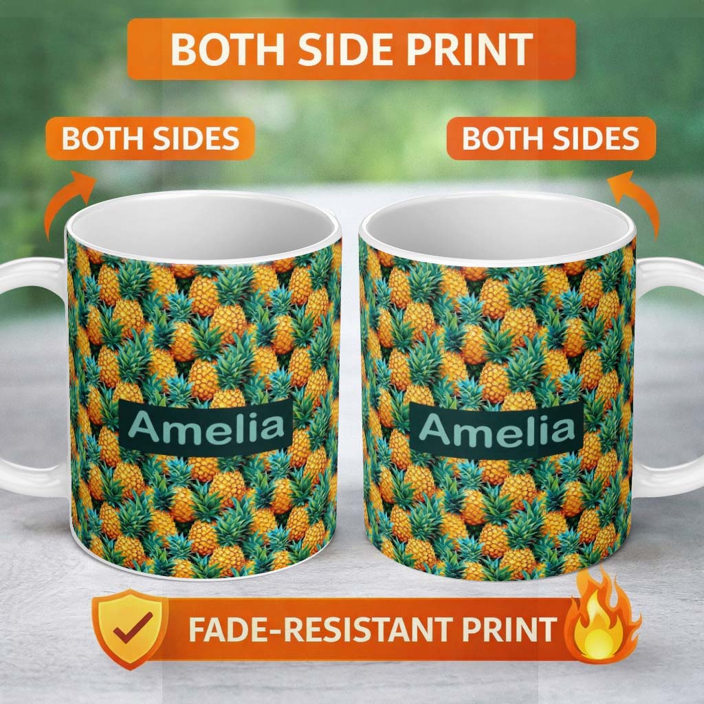 Personalized Custom Name Vibrant Pineapple Tropical Seamless Pattern Lush Exotic Fruit 11oz Ceramic Coffee Tea Mug White Large Handle