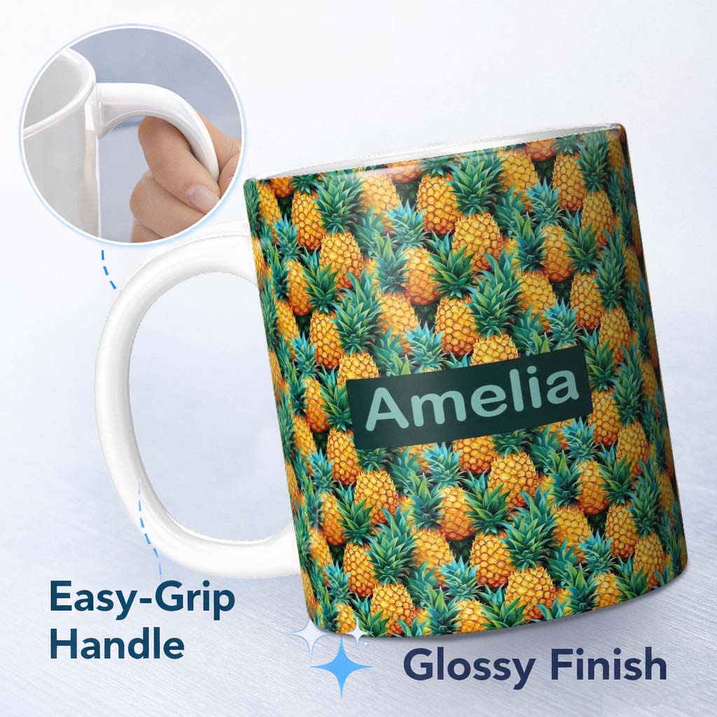 Personalized Custom Name Vibrant Pineapple Tropical Seamless Pattern Lush Exotic Fruit 11oz Ceramic Coffee Tea Mug White Large Handle