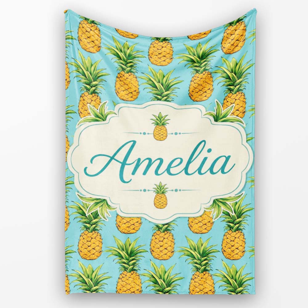 Blue Background Pineapple Seamless Pattern Bright Tropical Fruit Personalised Custom Name Super Soft Fleece Blanket Bed Sofa Throw