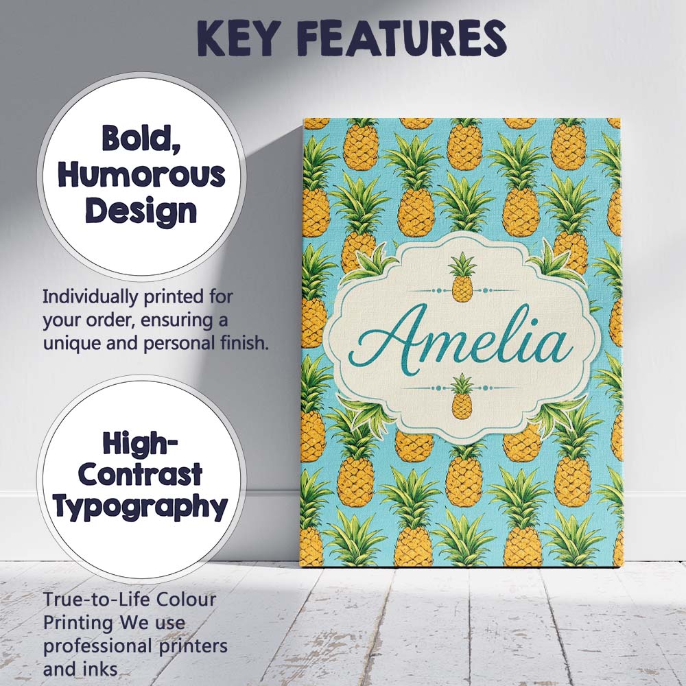 Personalised Name Blue Background Pineapple Custom Bespoke Interior Contemporary Canvas Wall Art Print Decor Picture Ready to Hang