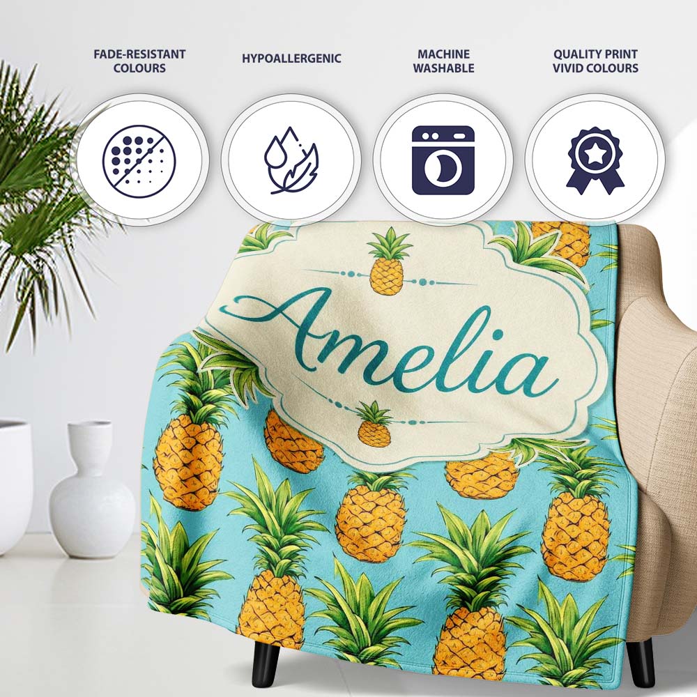 Blue Background Pineapple Seamless Pattern Bright Tropical Fruit Personalised Custom Name Super Soft Fleece Blanket Bed Sofa Throw