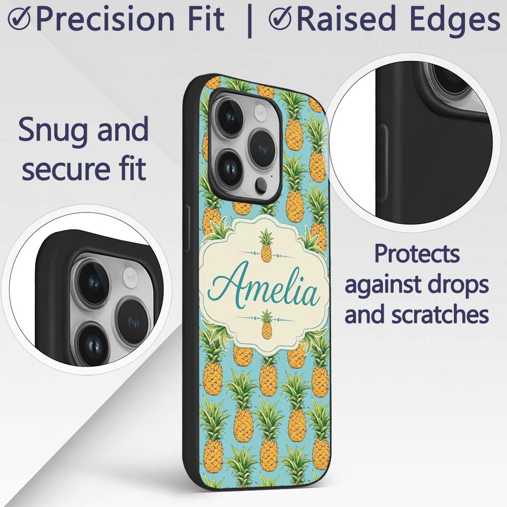 Blue Background Pineapple Seamless Pattern Bright Custom Name Protective Phone Case Mobile Cover Durable Everyday Smartphone Shock Resistant