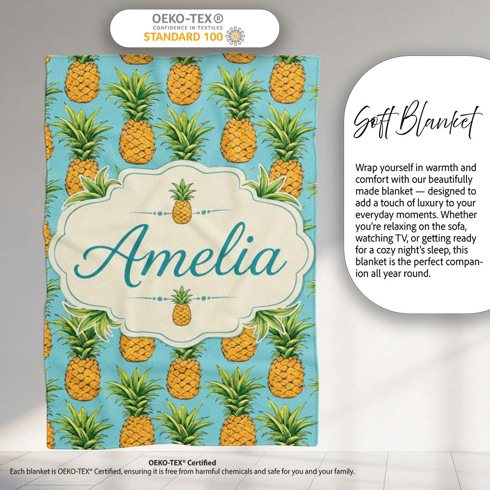 Blue Background Pineapple Seamless Pattern Bright Tropical Fruit Personalised Custom Name Super Soft Fleece Blanket Bed Sofa Throw