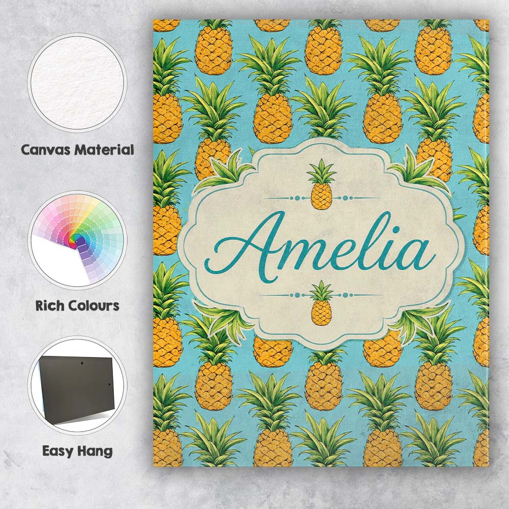 Personalised Name Blue Background Pineapple Custom Bespoke Interior Contemporary Canvas Wall Art Print Decor Picture Ready to Hang
