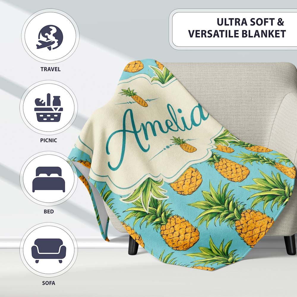 Blue Background Pineapple Seamless Pattern Bright Tropical Fruit Personalised Custom Name Super Soft Fleece Blanket Bed Sofa Throw
