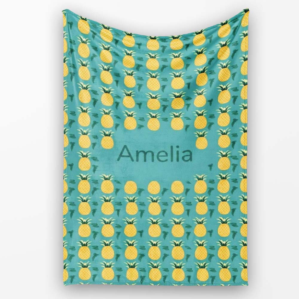 Minimal Pineapple Repeat Pattern Teal Background Cute Tropical Personalised Custom Name Super Soft Fleece Blanket Bed Sofa Throw