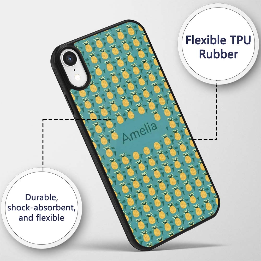 Minimal Pineapple Repeat Pattern Teal Background Custom Name Protective Phone Case Mobile Cover Durable Everyday Smartphone Shock Resistant