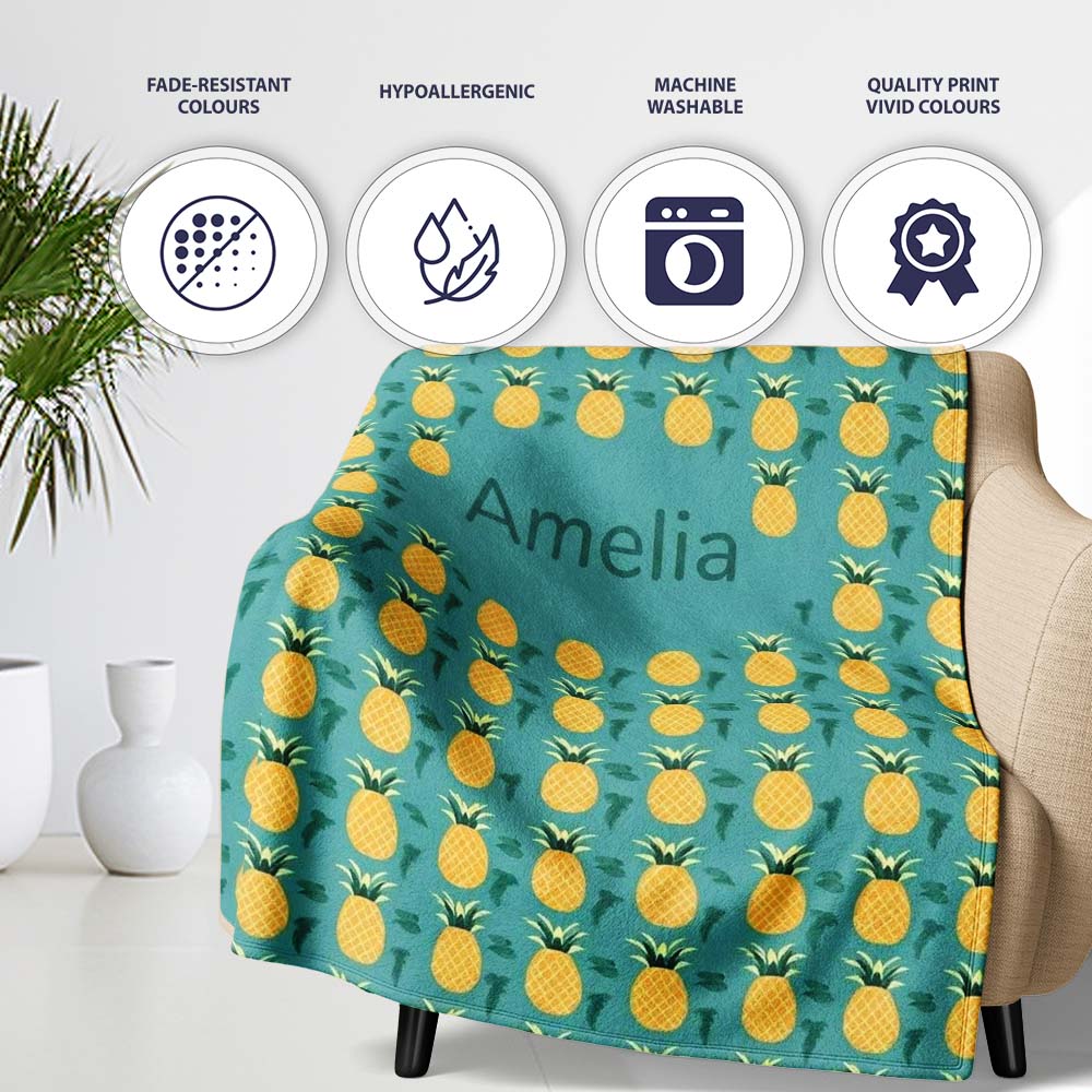Minimal Pineapple Repeat Pattern Teal Background Cute Tropical Personalised Custom Name Super Soft Fleece Blanket Bed Sofa Throw