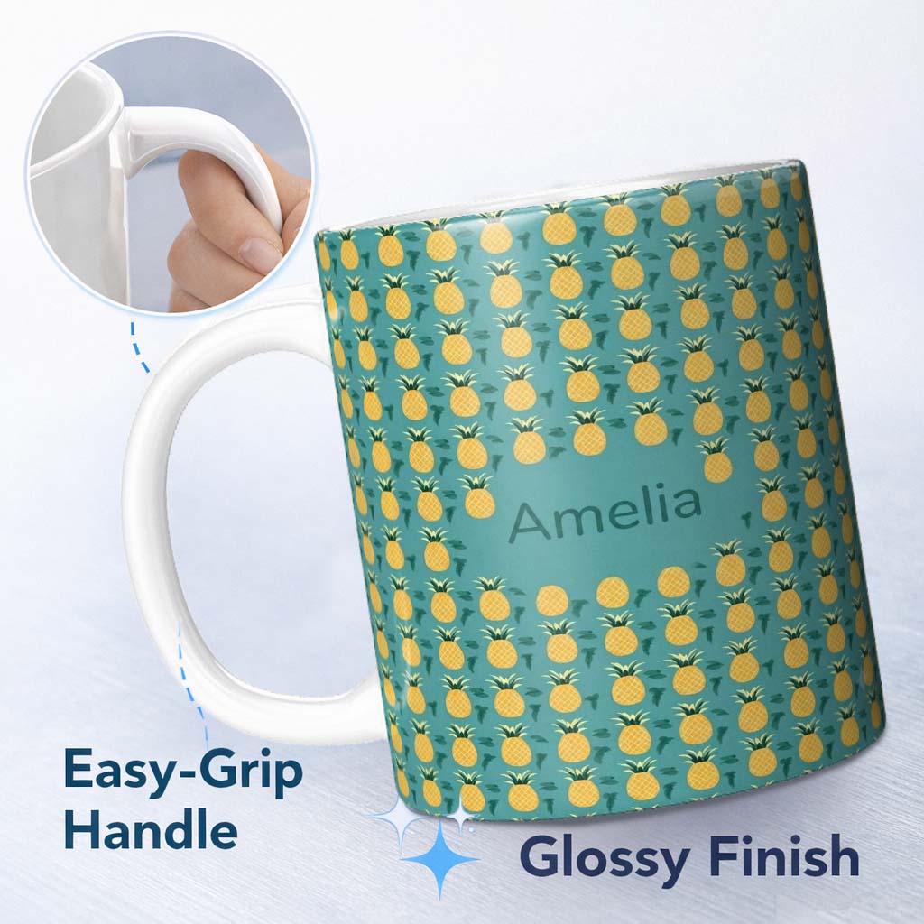 Personalized Custom Name Minimal Pineapple Repeat Pattern Teal Background Cute Tropical 11oz Ceramic Coffee Tea Mug White Large Handle