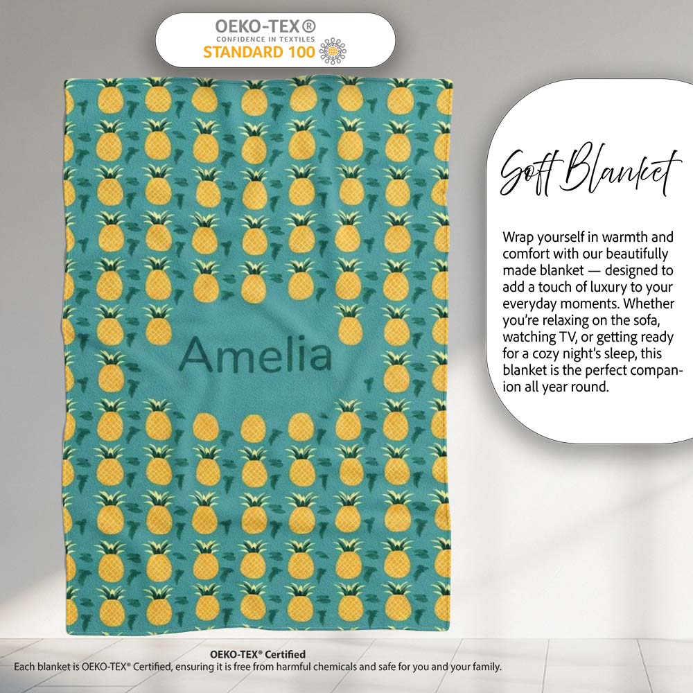 Minimal Pineapple Repeat Pattern Teal Background Cute Tropical Personalised Custom Name Super Soft Fleece Blanket Bed Sofa Throw