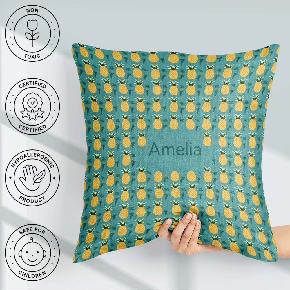Custom Name Minimal Repeat Pattern Teal Background Cute Tropical Square Filled Cushion Throw Pillow Sofa Bed Home Decor Zip Washable UK Made