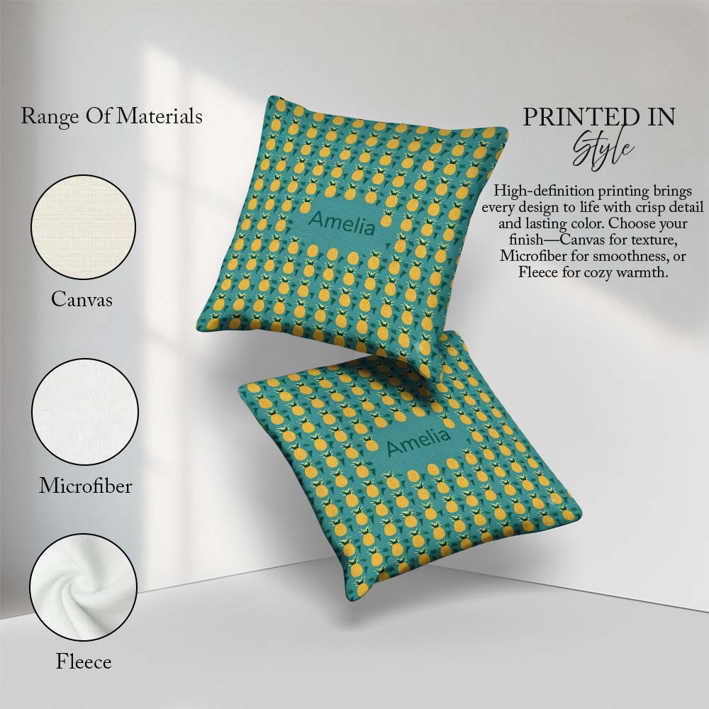 Custom Name Minimal Repeat Pattern Teal Background Cute Tropical Square Filled Cushion Throw Pillow Sofa Bed Home Decor Zip Washable UK Made