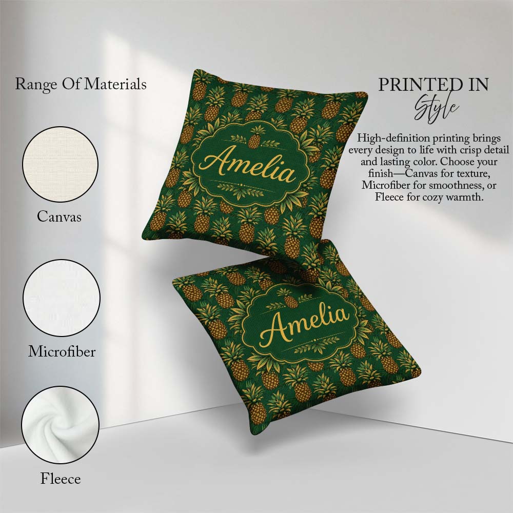 Custom Name Classic Pineapple Botanical Seamless Green Tropical Square Filled Cushion Throw Pillow Sofa Bed Home Decor Zip Washable UK Made