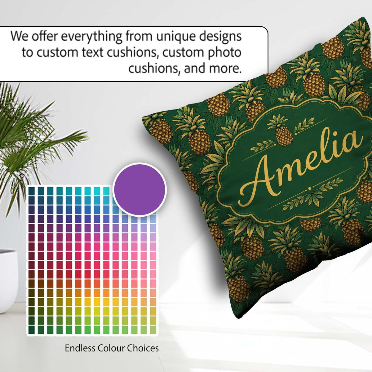Custom Name Classic Pineapple Botanical Seamless Green Tropical Square Filled Cushion Throw Pillow Sofa Bed Home Decor Zip Washable UK Made