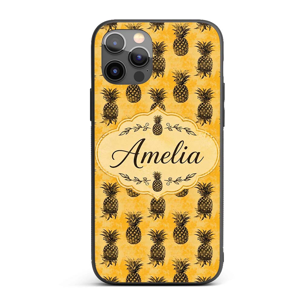 Grunge Pineapple Sketch Seamless Pattern Yellow Custom Name Protective Phone Case Mobile Cover Durable Everyday Smartphone Shock Resistant
