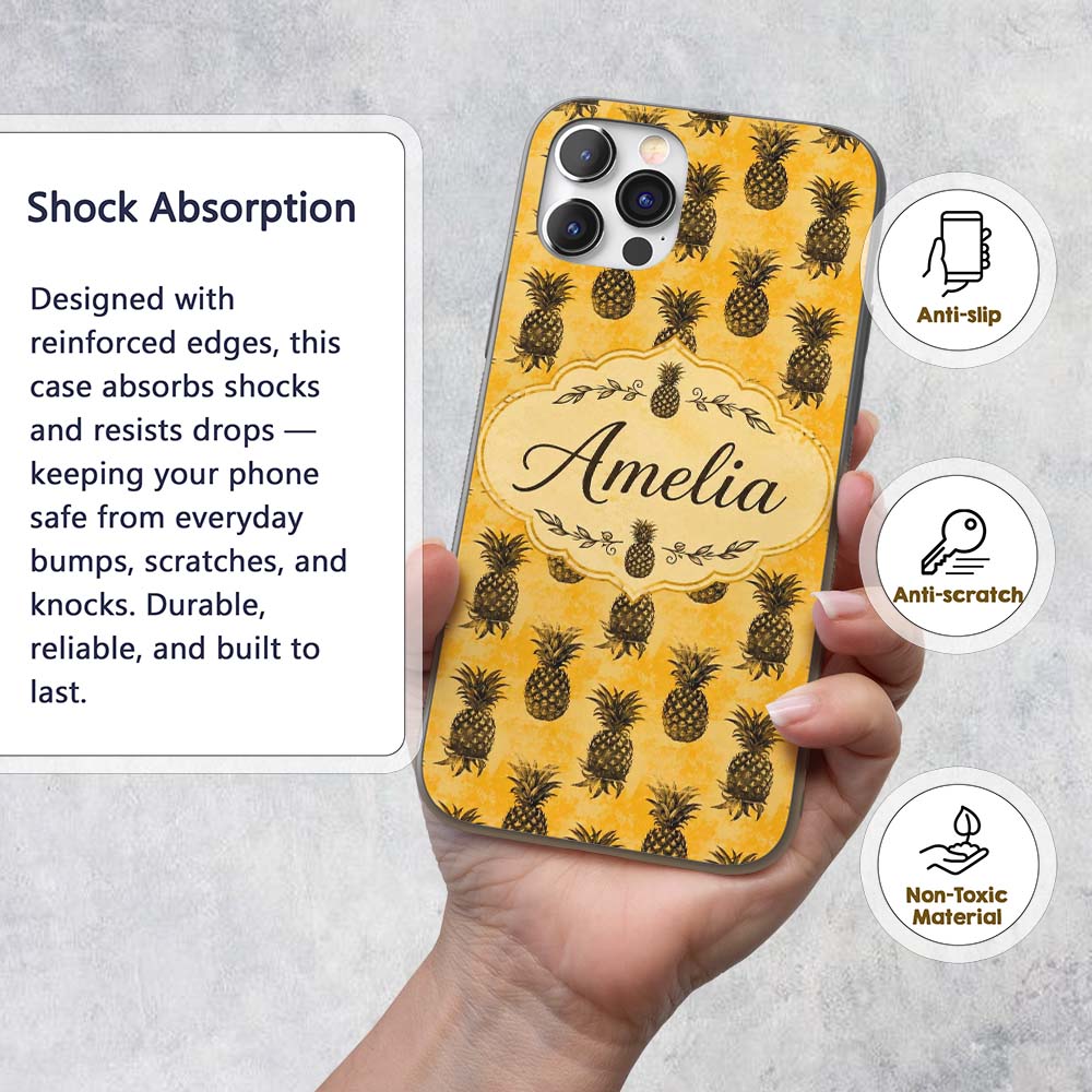 Grunge Pineapple Sketch Seamless Pattern Yellow Custom Name Protective Phone Case Mobile Cover Durable Everyday Smartphone Shock Resistant