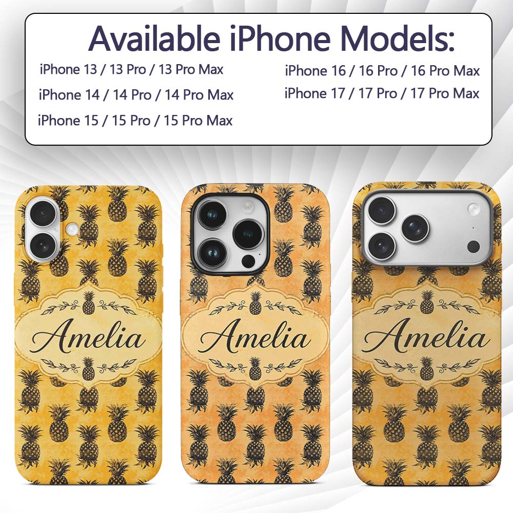 Grunge Pineapple Sketch Seamless Pattern Yellow Custom Name Protective Phone Case Mobile Cover Durable Everyday Smartphone Shock Resistant