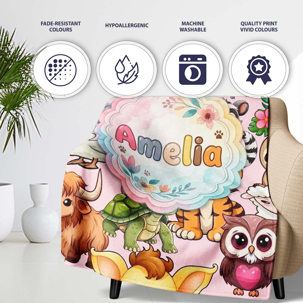 Cute Cartoon Jungle Safari Animals Seamless Pattern on Pink Lovely Personalised Custom Name Super Soft Fleece Blanket Bed Sofa Throw
