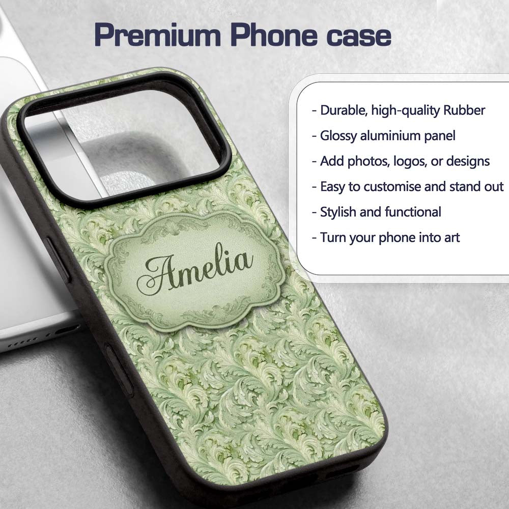 Elegant Sage Green Ornamental Damask Seamless Custom Name Protective Phone Case Mobile Cover Durable Everyday Smartphone Shock Resistant