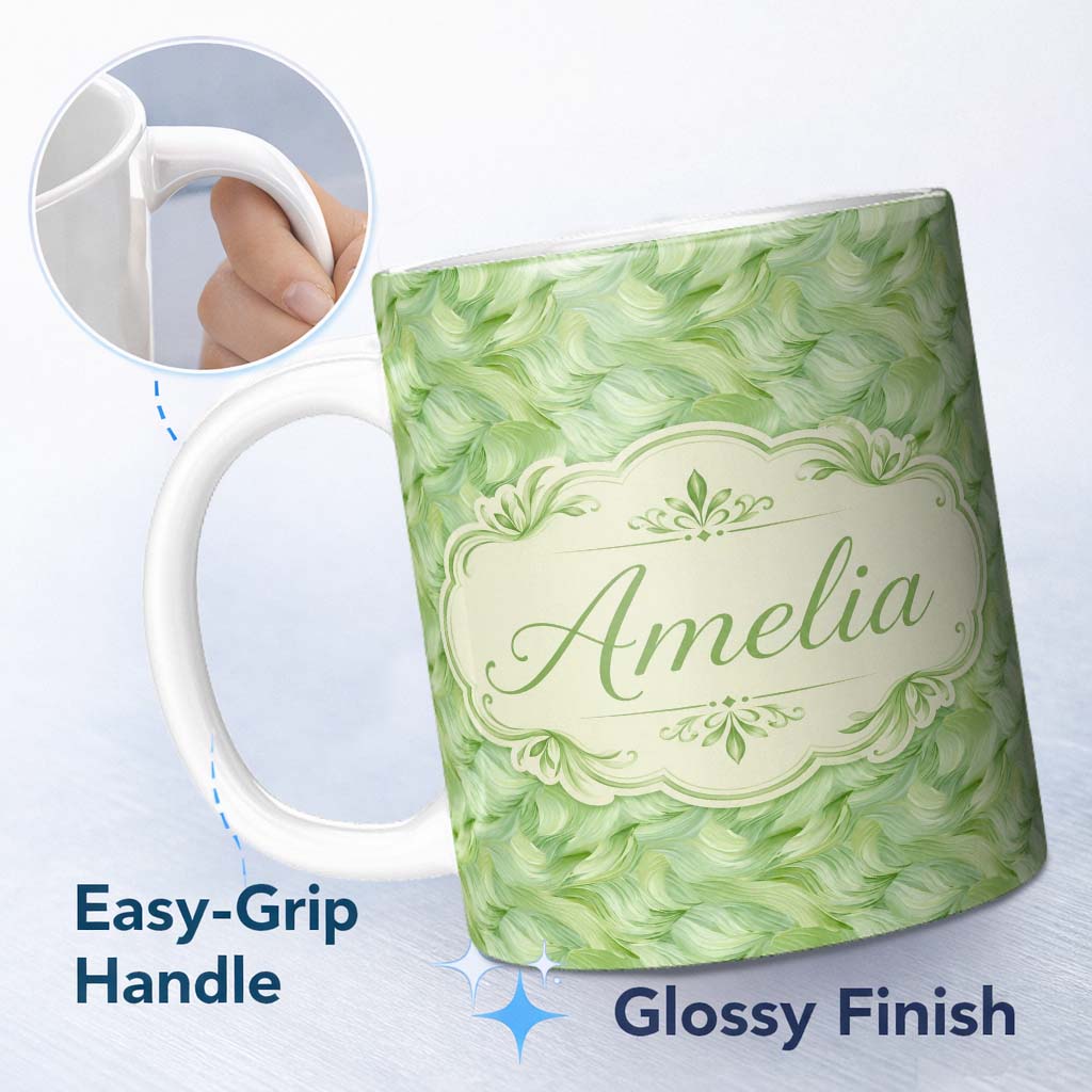 Personalized Custom Name Flowing Green Abstract Leaf Texture Seamless Pattern Modern Organic 11oz Ceramic Coffee Tea Mug White Large Handle