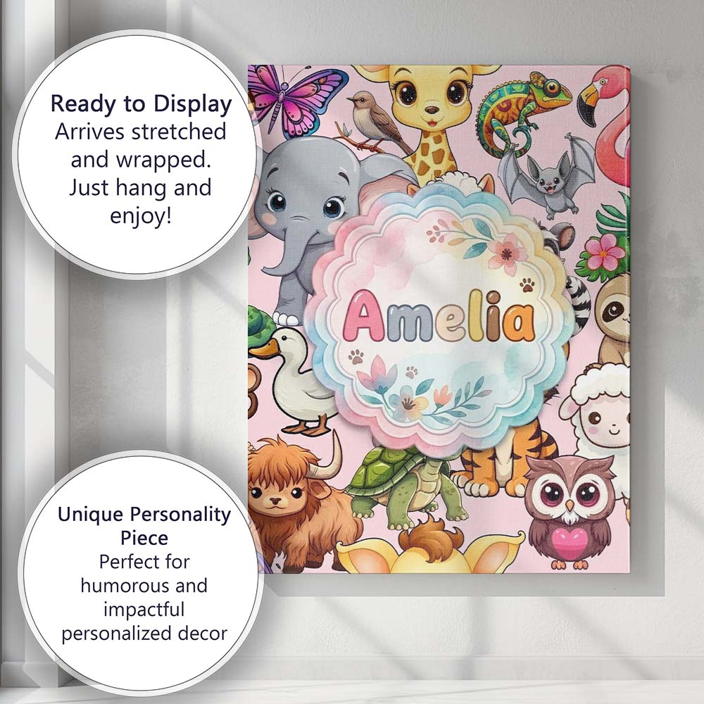 Personalised Name Cute Cartoon Jungle Custom Modern Room Accent Creative Decorator Style Canvas Wall Art Print Decor Picture Ready to Hang