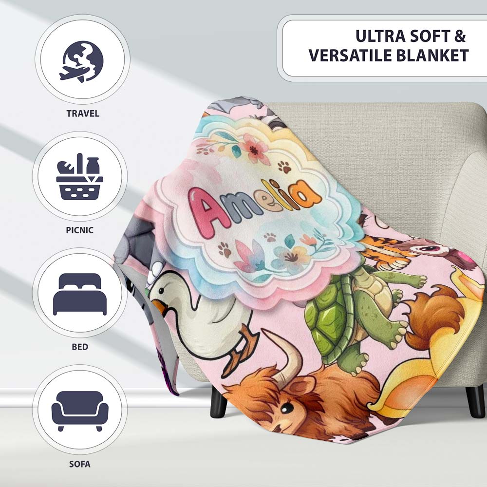 Cute Cartoon Jungle Safari Animals Seamless Pattern on Pink Lovely Personalised Custom Name Super Soft Fleece Blanket Bed Sofa Throw