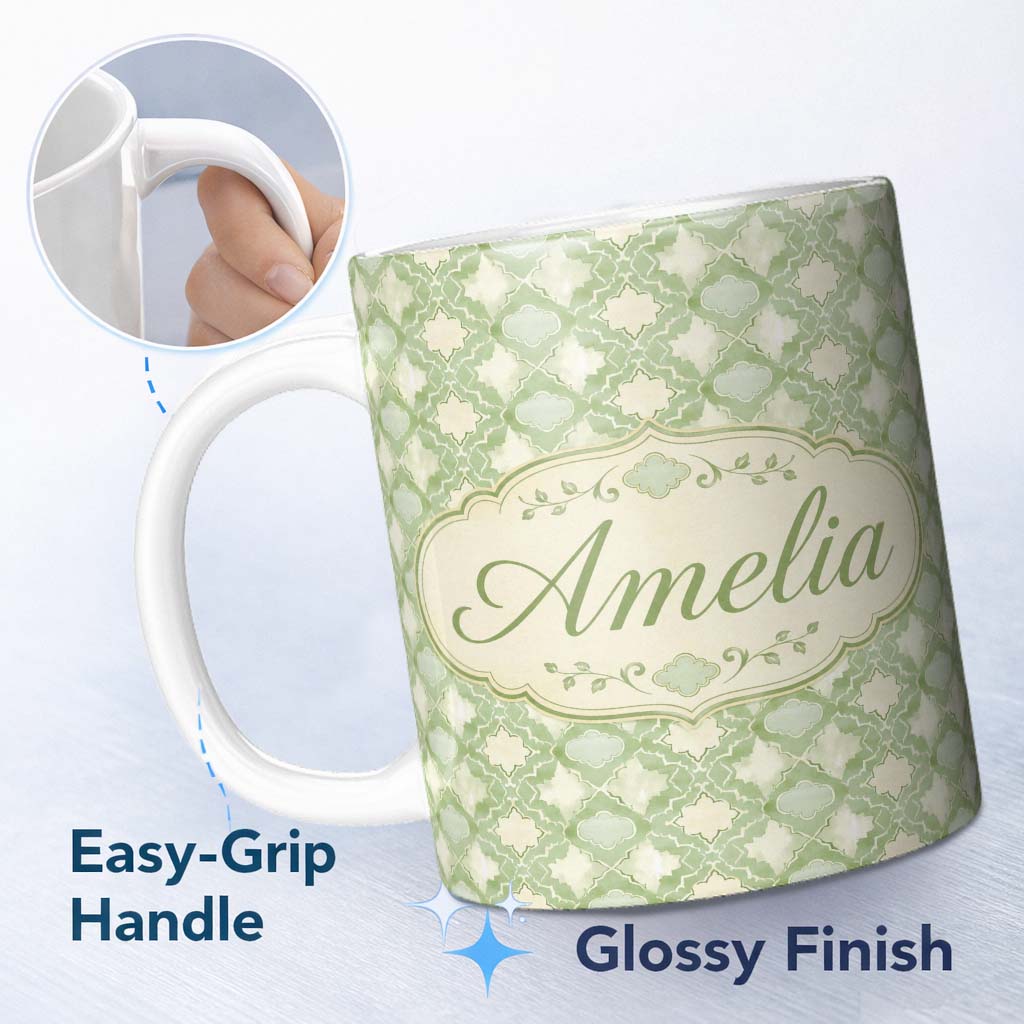Personalized Custom Name Geometric Green Moroccan Tile Seamless Pattern Vintage Style Name 11oz Ceramic Coffee Tea Mug White Large Handle
