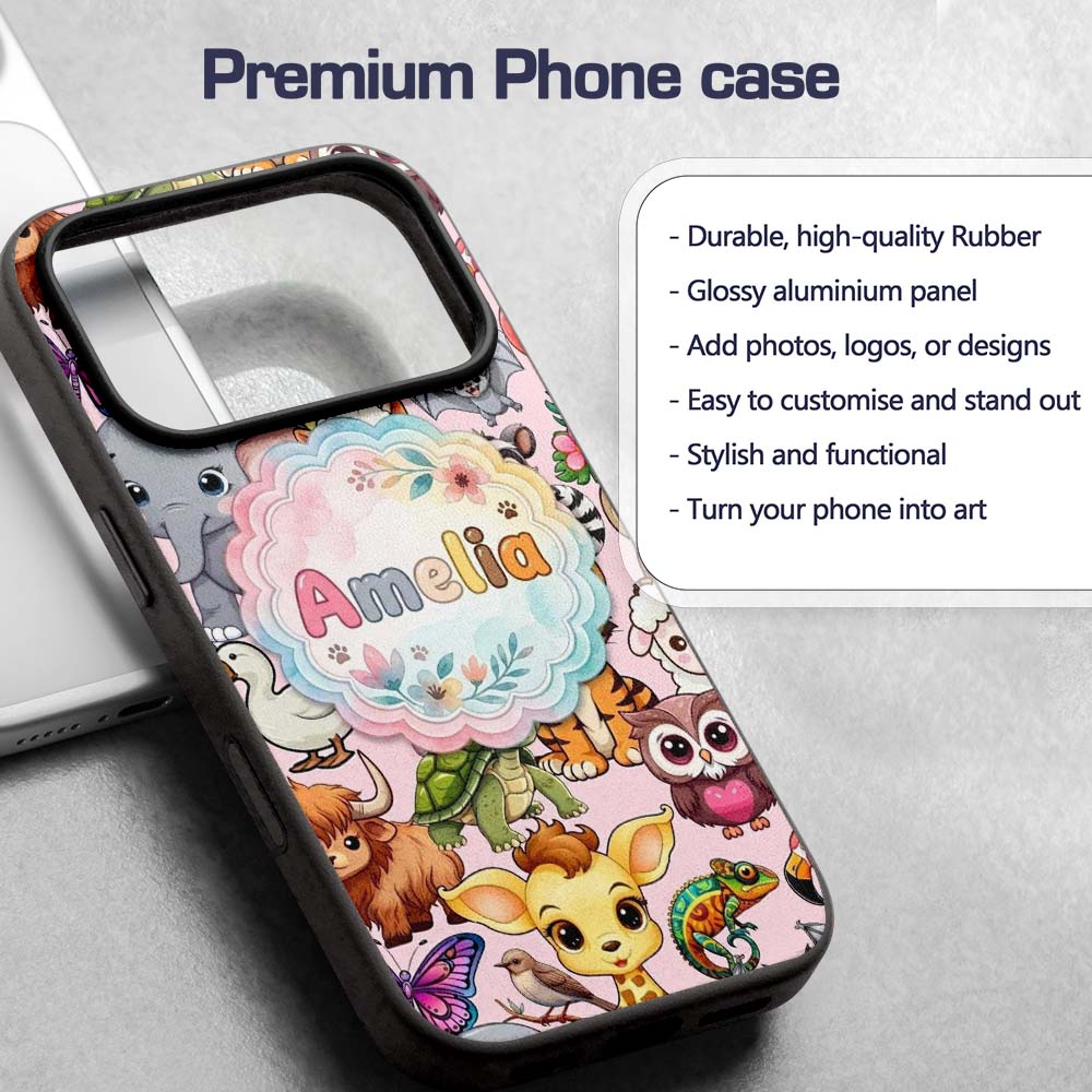 Cute Cartoon Jungle Safari Animals Printed Design Custom Name Protective Phone Case Mobile Cover Durable Everyday Smartphone Shock Resistant