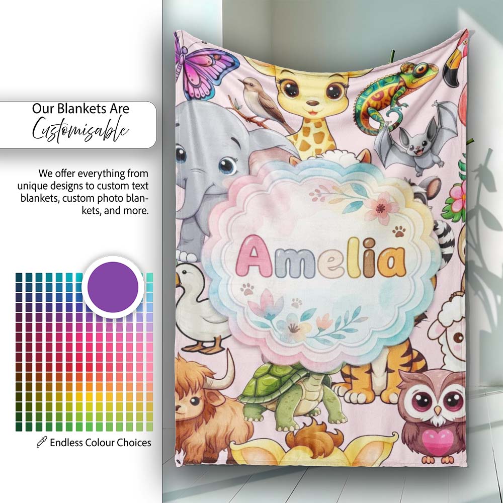 Cute Cartoon Jungle Safari Animals Seamless Pattern on Pink Lovely Personalised Custom Name Super Soft Fleece Blanket Bed Sofa Throw