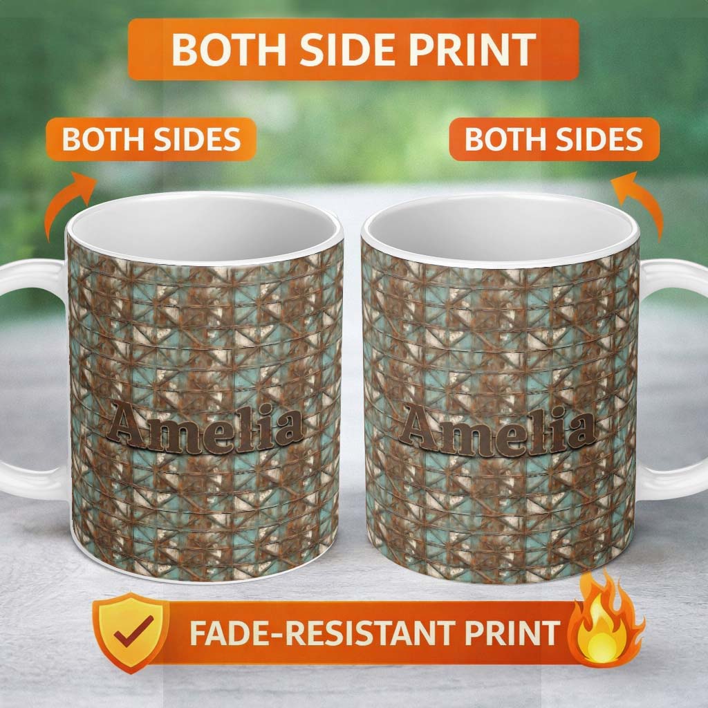 Personalized Custom Name Rustic Geometric Metal Texture Seamless Pattern Weathered 11oz Ceramic Coffee Tea Mug White Large Handle