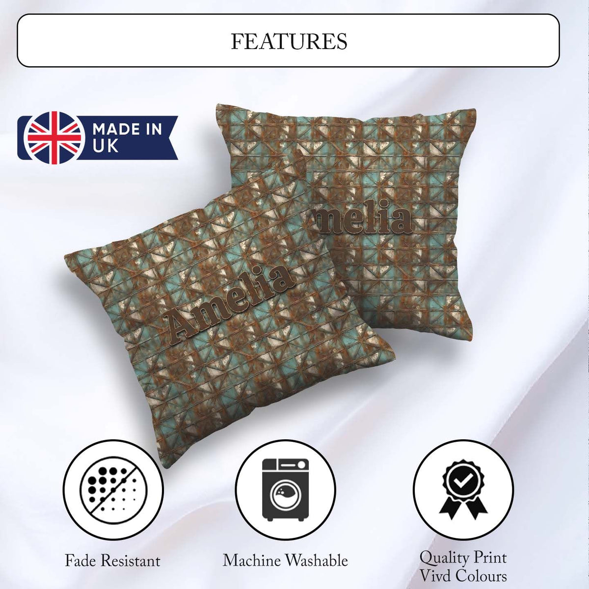 Custom Name Rustic Geometric Texture Seamless Pattern Weathered Square Filled Cushion Throw Pillow Sofa Bed Home Decor Zip Washable UK Made