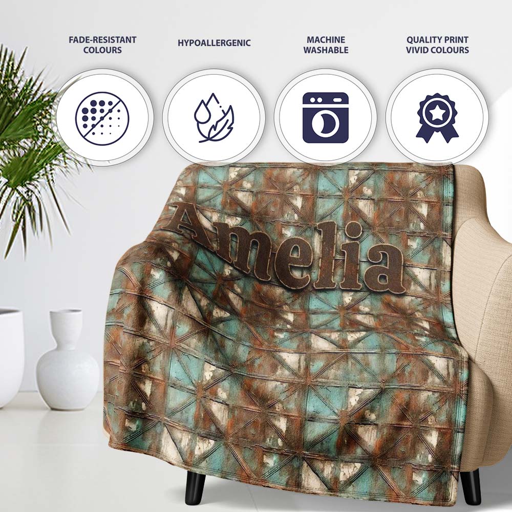 Rustic Geometric Metal Texture Seamless Pattern Weathered Personalised Custom Name Super Soft Fleece Blanket Bed Sofa Throw