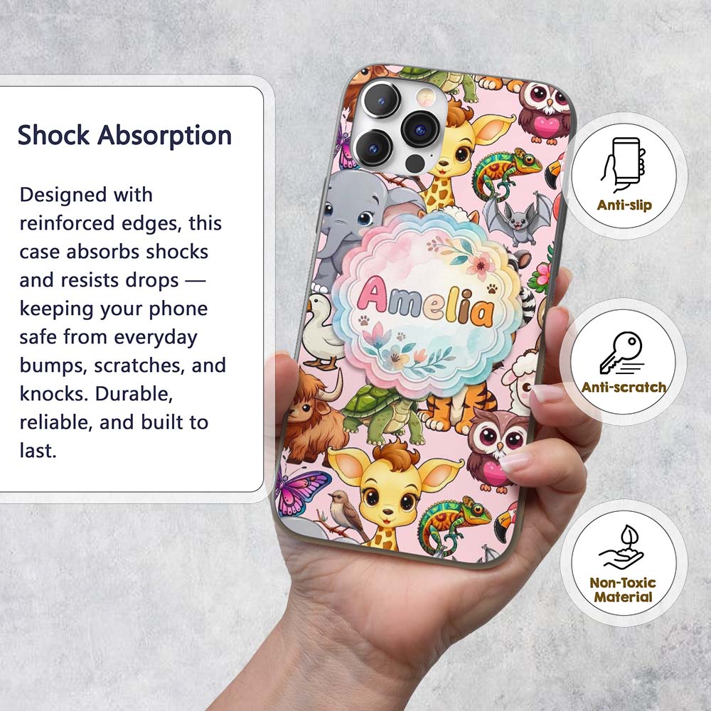Cute Cartoon Jungle Safari Animals Printed Design Custom Name Protective Phone Case Mobile Cover Durable Everyday Smartphone Shock Resistant