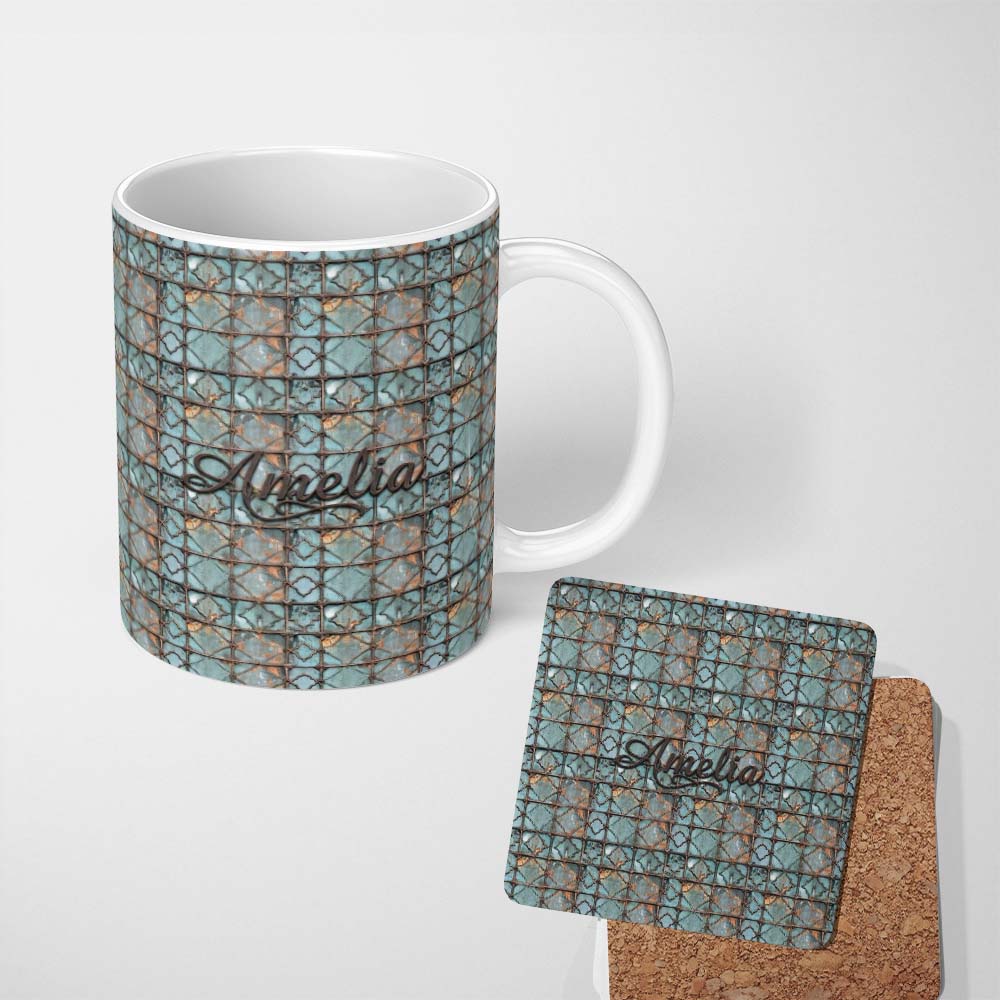 Personalized Custom Name Vintage Blue Tile Metal Grid Seamless Pattern Distressed Industrial 11oz Ceramic Coffee Tea Mug White Large Handle
