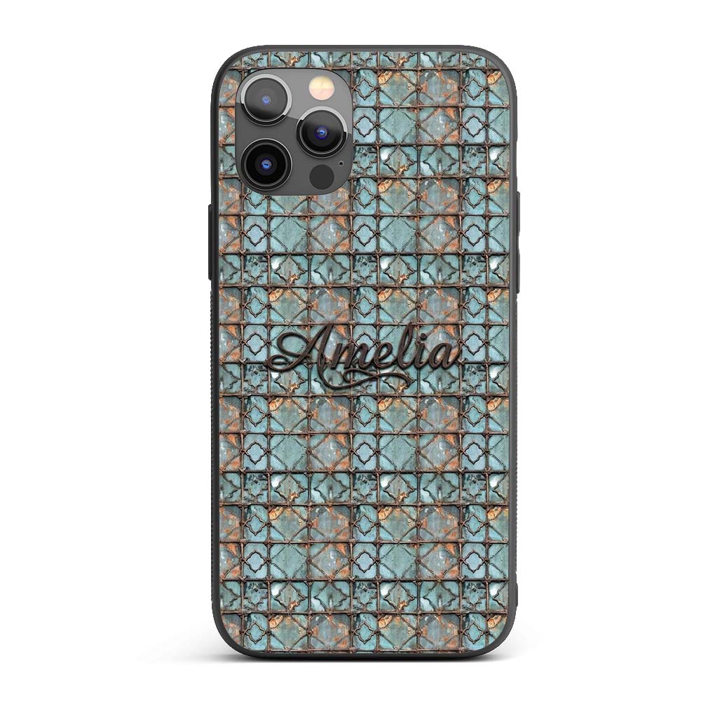 Vintage Blue Tile Metal Grid Seamless Pattern Custom Name Protective Phone Case Mobile Cover Durable Everyday Smartphone Shock Resistant