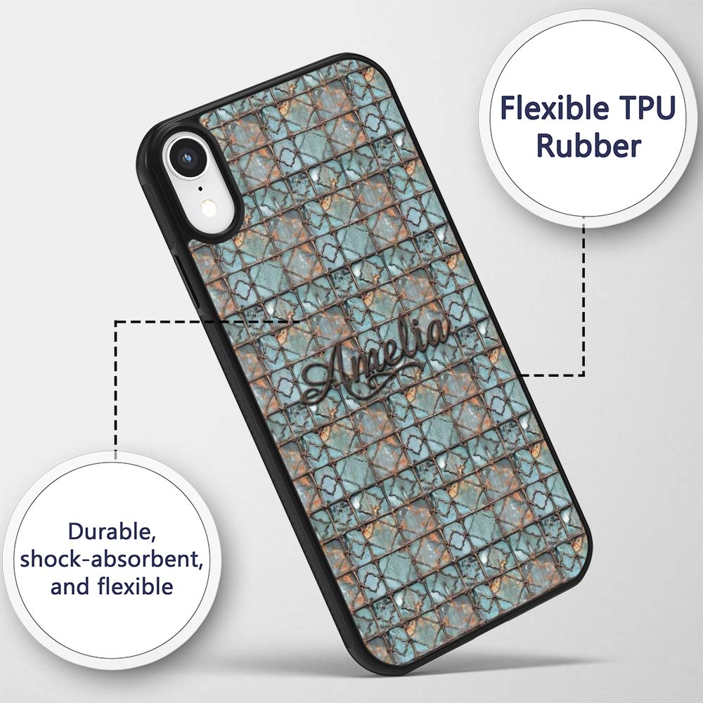 Vintage Blue Tile Metal Grid Seamless Pattern Custom Name Protective Phone Case Mobile Cover Durable Everyday Smartphone Shock Resistant