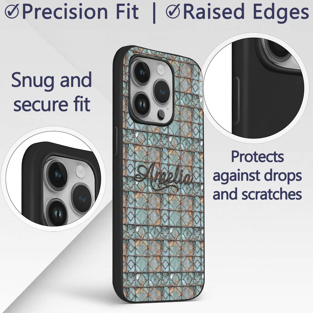 Vintage Blue Tile Metal Grid Seamless Pattern Custom Name Protective Phone Case Mobile Cover Durable Everyday Smartphone Shock Resistant