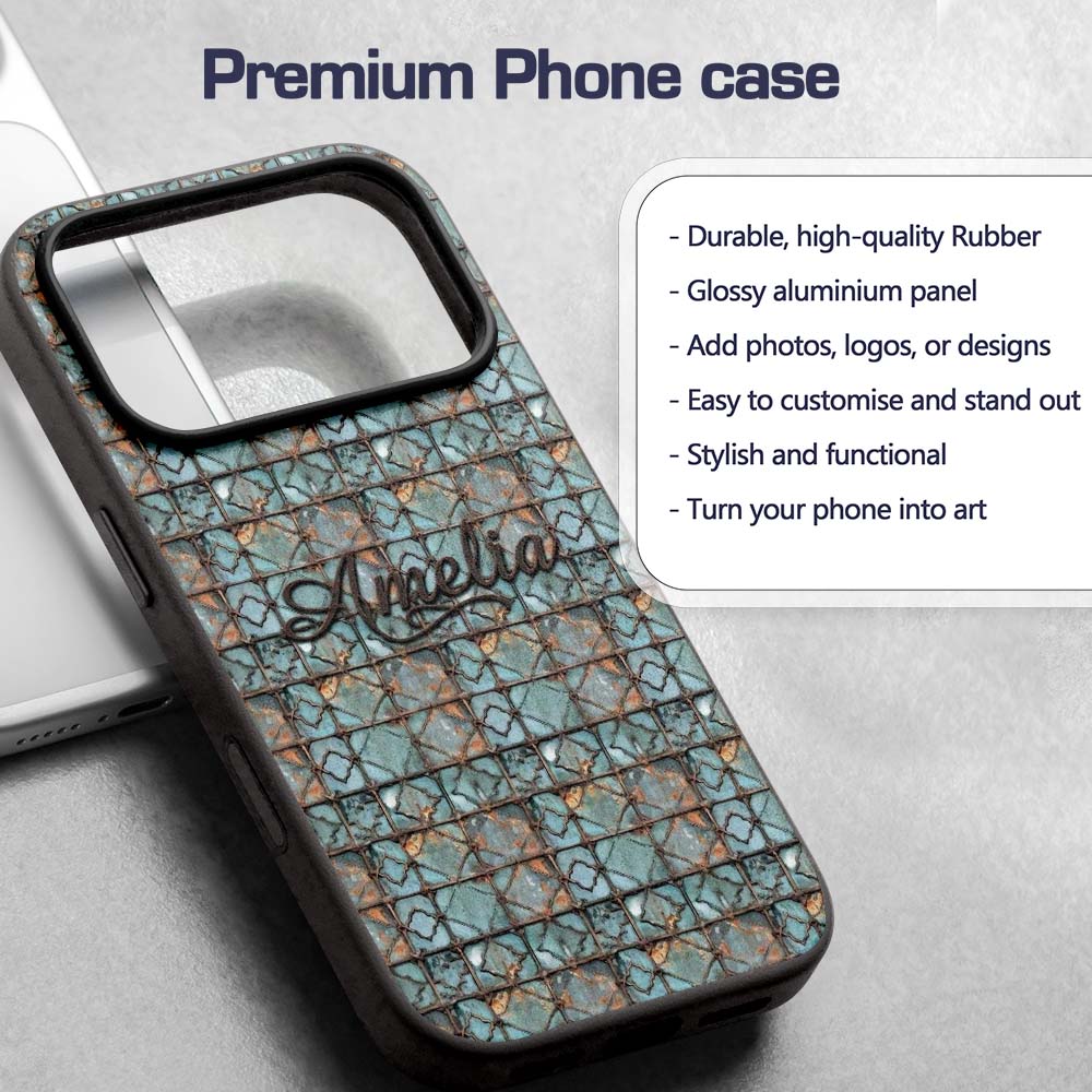 Vintage Blue Tile Metal Grid Seamless Pattern Custom Name Protective Phone Case Mobile Cover Durable Everyday Smartphone Shock Resistant