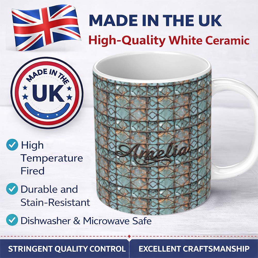 Personalized Custom Name Vintage Blue Tile Metal Grid Seamless Pattern Distressed Industrial 11oz Ceramic Coffee Tea Mug White Large Handle