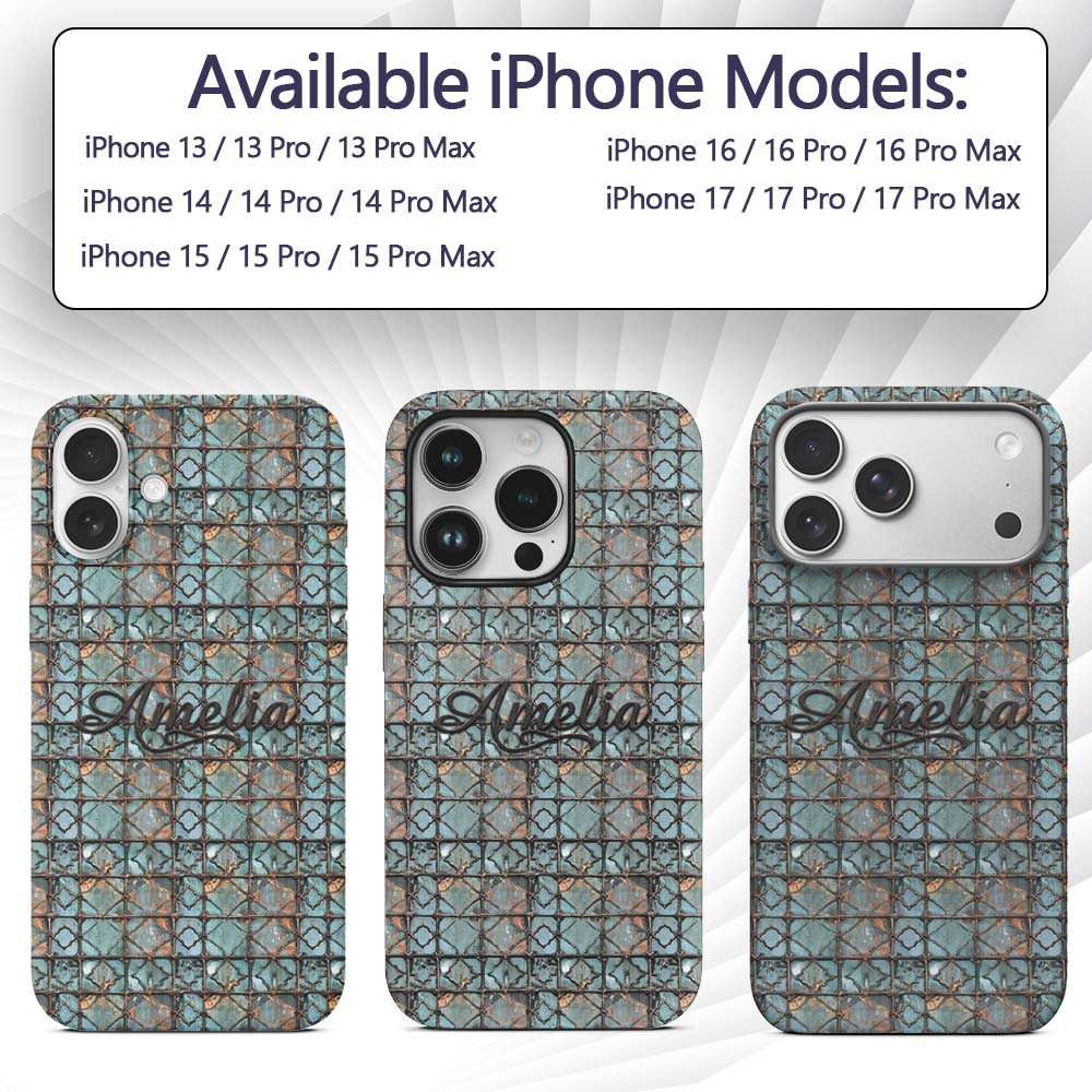 Vintage Blue Tile Metal Grid Seamless Pattern Custom Name Protective Phone Case Mobile Cover Durable Everyday Smartphone Shock Resistant