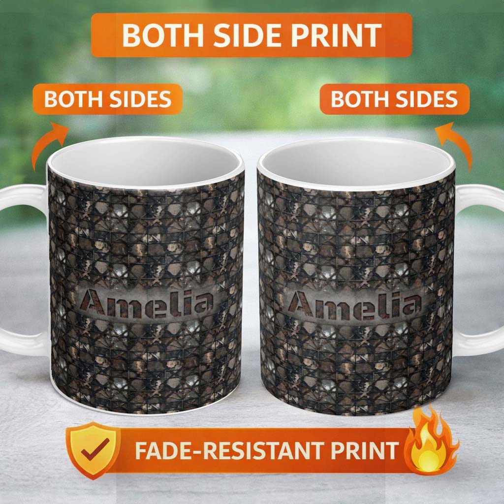 Personalized Custom Name Dark Industrial Metal Grid Seamless Pattern Grunge Rust Texture 11oz Ceramic Coffee Tea Mug White Large Handle