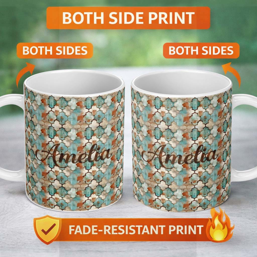 Personalized Custom Name Abstract Moroccan Tile Watercolor Seamless Pattern Rustic Artistic 11oz Ceramic Coffee Tea Mug White Large Handle